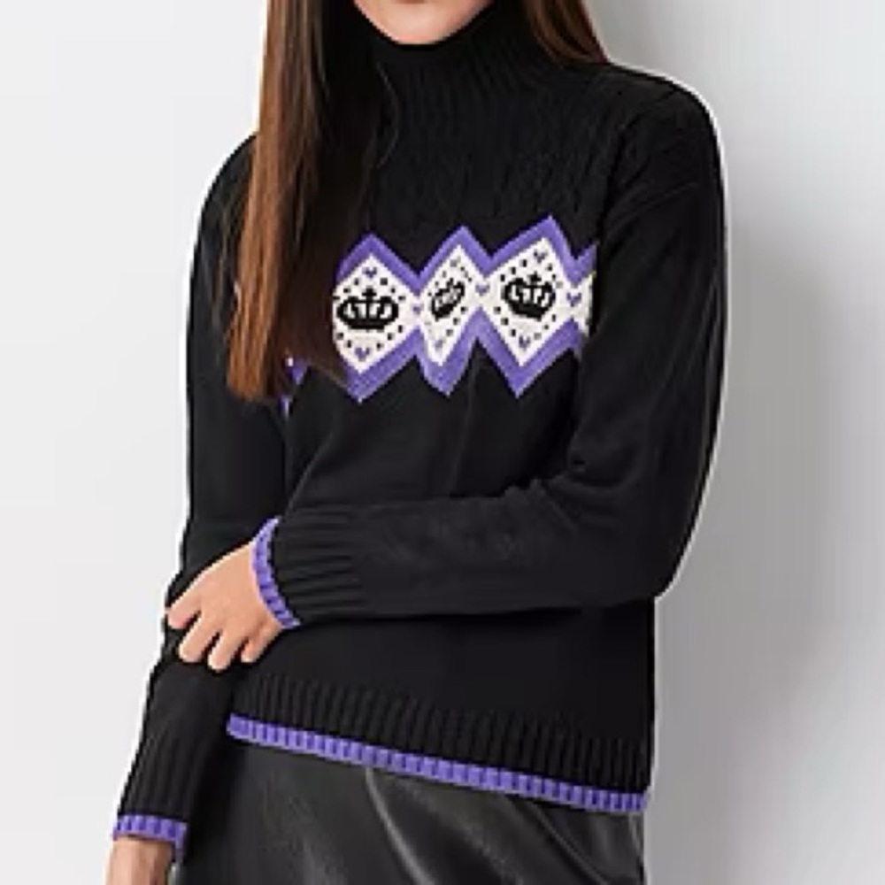 NWT Juicy Couture Womens Mock Neck Long Sleeve Sweatshirt, Black & Purple, Sz L